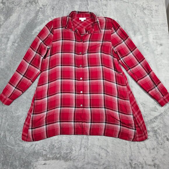 J Jill Top Womens Small Red Plaid Button Up Flowy Tunic Pockets Western Boho - Picture 2 of 8